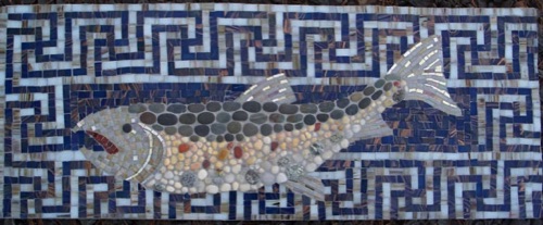 Turkish Trout; stained glass, natural stone; 14" x 24"; $2000; Public Art Collection; Dexter, ME